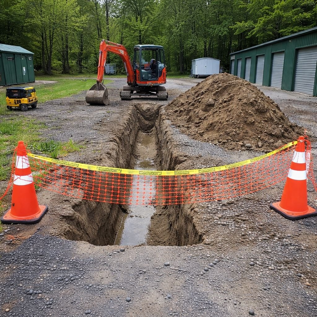 Deep drainage trench excavation with safety barriers in Blairstown NJ