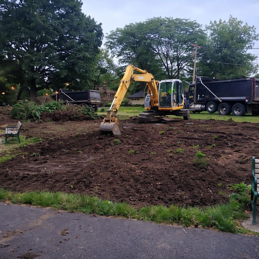 GradeCraft excavator performing land clearing on residential backyard in New Jersey