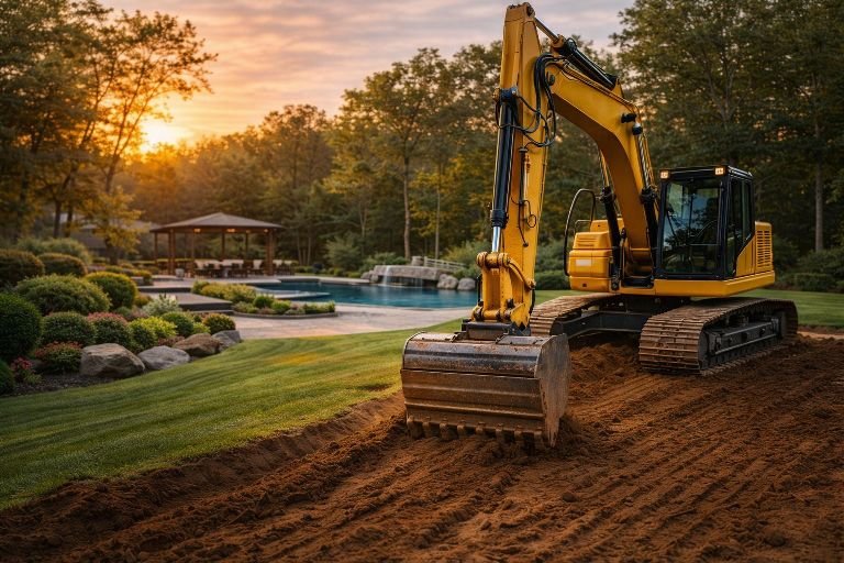 GradeCraft excavator grading a luxury backyard property in New Jersey at sunset