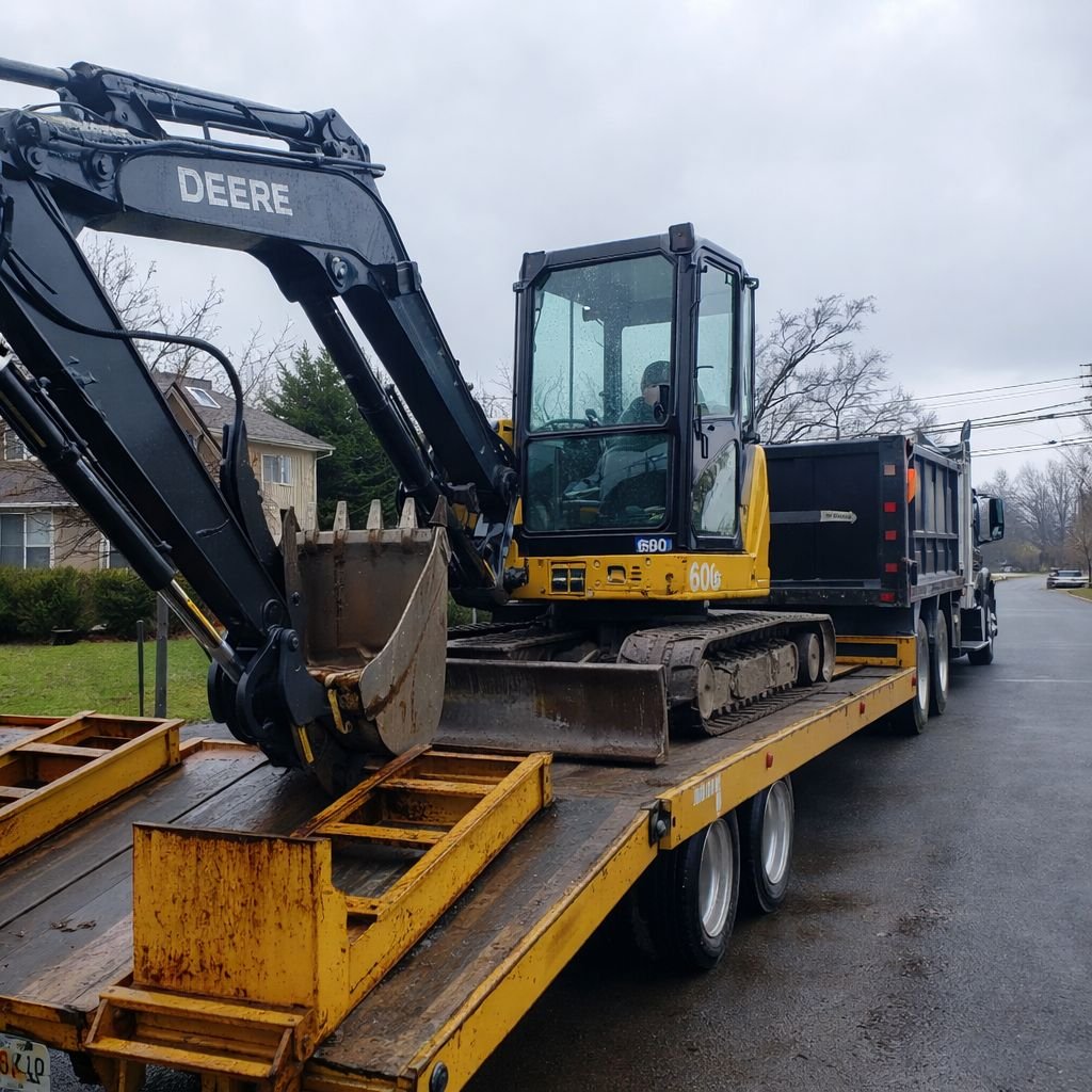 GradeCraft John Deere mini excavator loaded on flatbed trailer for transport in New Jersey